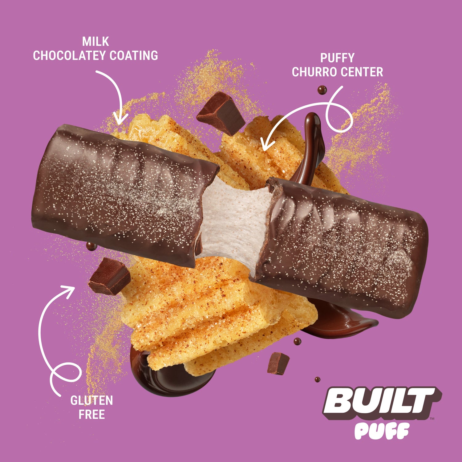 Built Churro Puff stacked with a crispy, golden-brown exterior and textured layers, showcasing the delicious puff texture.