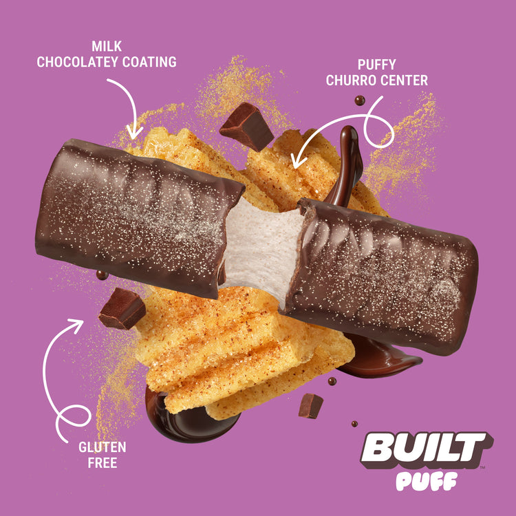 Built Churro Puff stacked with a crispy, golden-brown exterior and textured layers, showcasing the delicious puff texture.