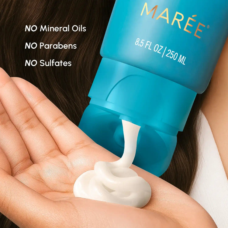 Maree Deep Hydrating Coconut Conditioner bottle with coconut illustrations, designed for nourishing and moisturizing hair.