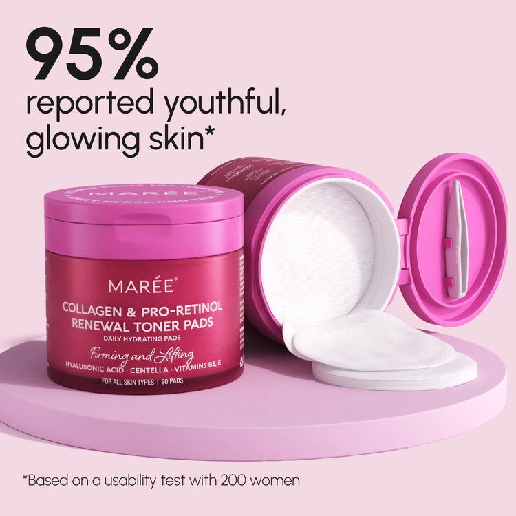 Maree Collagen and Retinol Toner Pads arranged in a jar, designed for skincare and facial toner use.