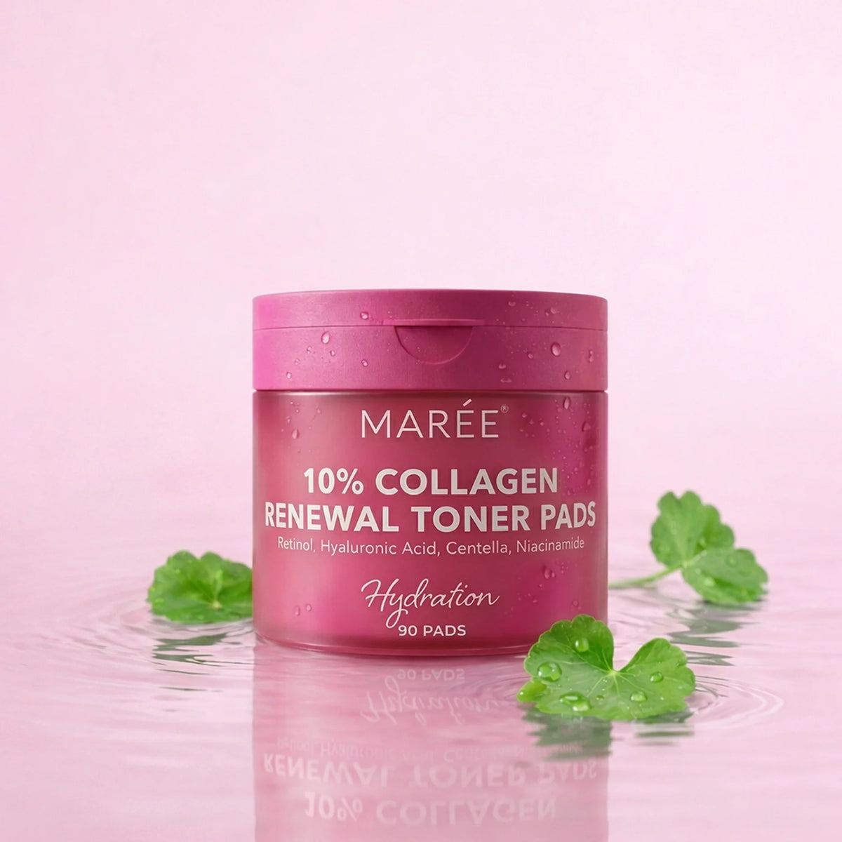 Maree collagen and retinol toner pads showing textured pads with a clear liquid solution in a white jar.