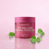 Maree collagen and retinol toner pads showing textured pads with a clear liquid solution in a white jar.