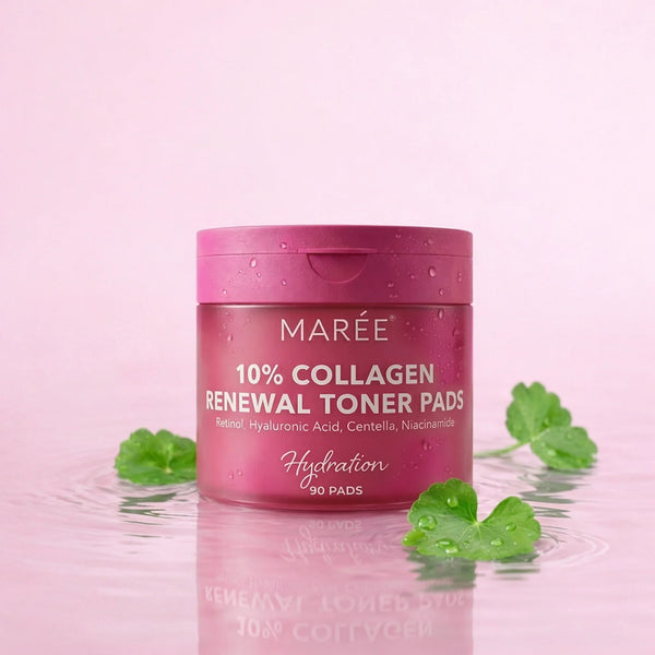 Maree collagen and retinol toner pads showing textured pads with a clear liquid solution in a white jar.