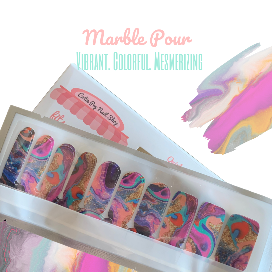Marble pour nail strips by Cutie Pop Nail Shop featuring elegant, swirling marble design for stylish manicures.