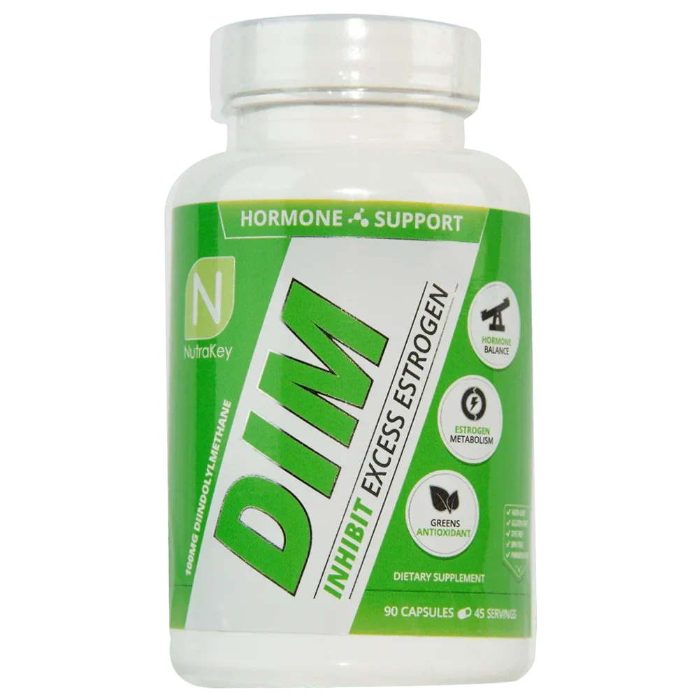 Front view of NutraKey DIM 100mg weight loss capsules in a bottle with 90 capsules, designed for hormone support and weight management.