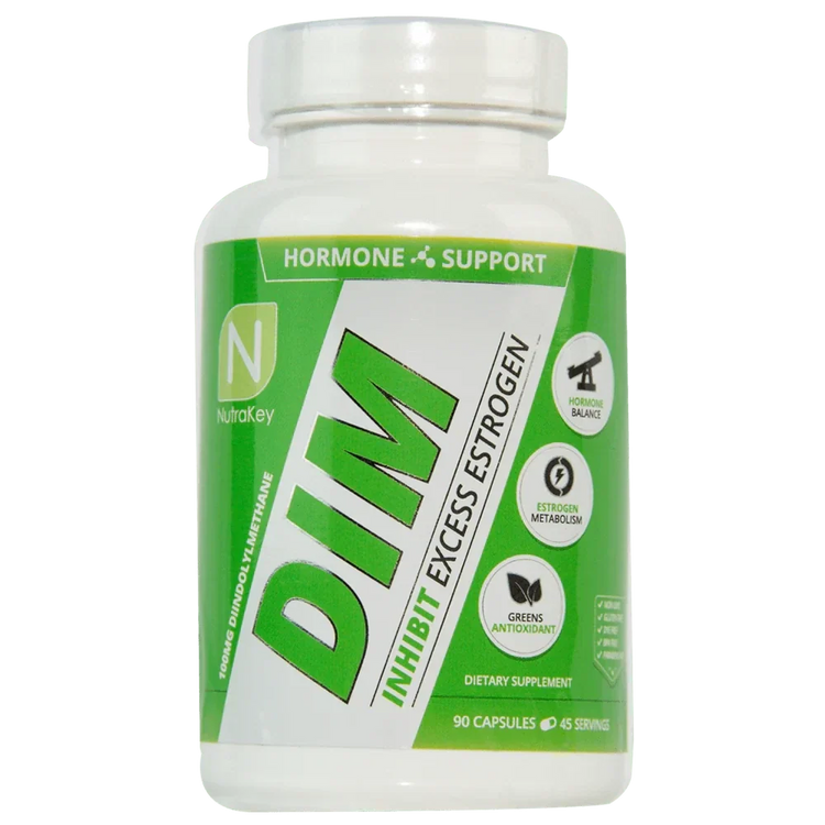 Front view of NutraKey DIM 100mg weight loss capsules in a bottle with 90 capsules, designed for hormone support and weight management.