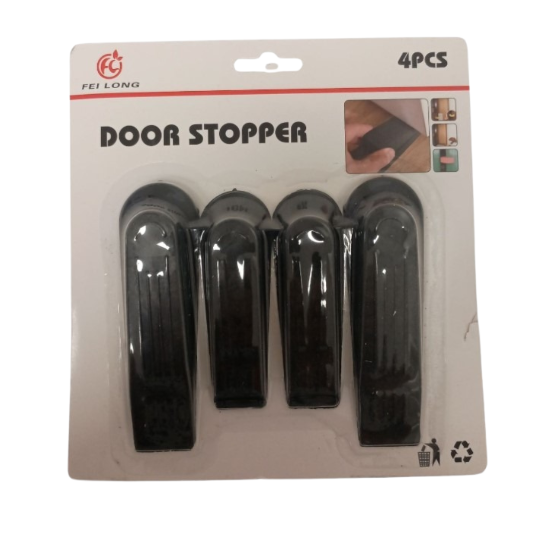 Farmacias Savia door stopper set with four black rubber door stoppers on a white background.