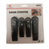Farmacias Savia door stopper set with four black rubber door stoppers on a white background.