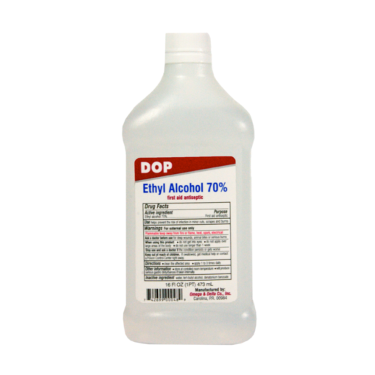 DOP Ethyl Alcohol 70% in 16 oz bottle, first aid antiseptic from Farmacias Savia, used for disinfection and sanitization.