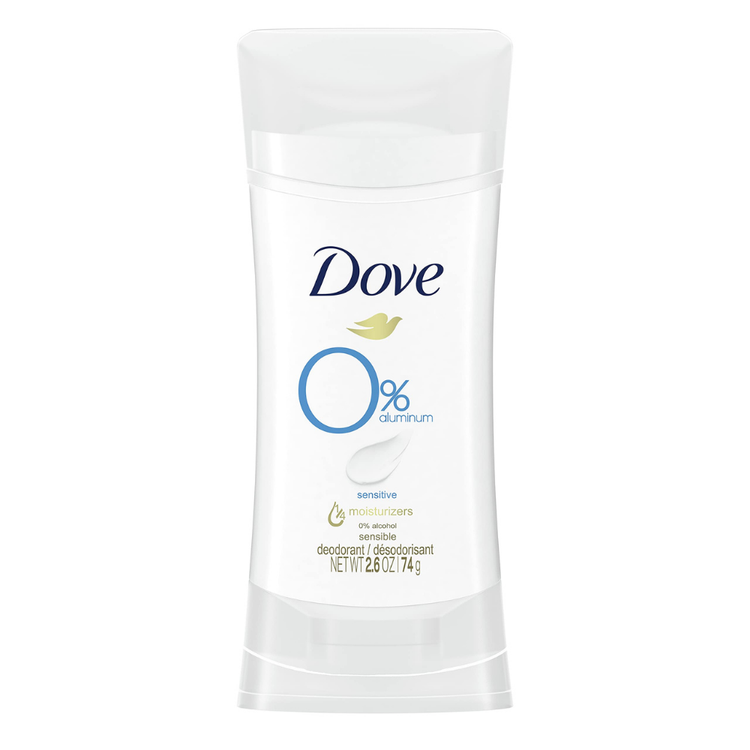 Dove 0% Aluminum Sensitive Deodorant Stick in 2.6 oz, natural formula for sensitive skin, with a smooth application.
