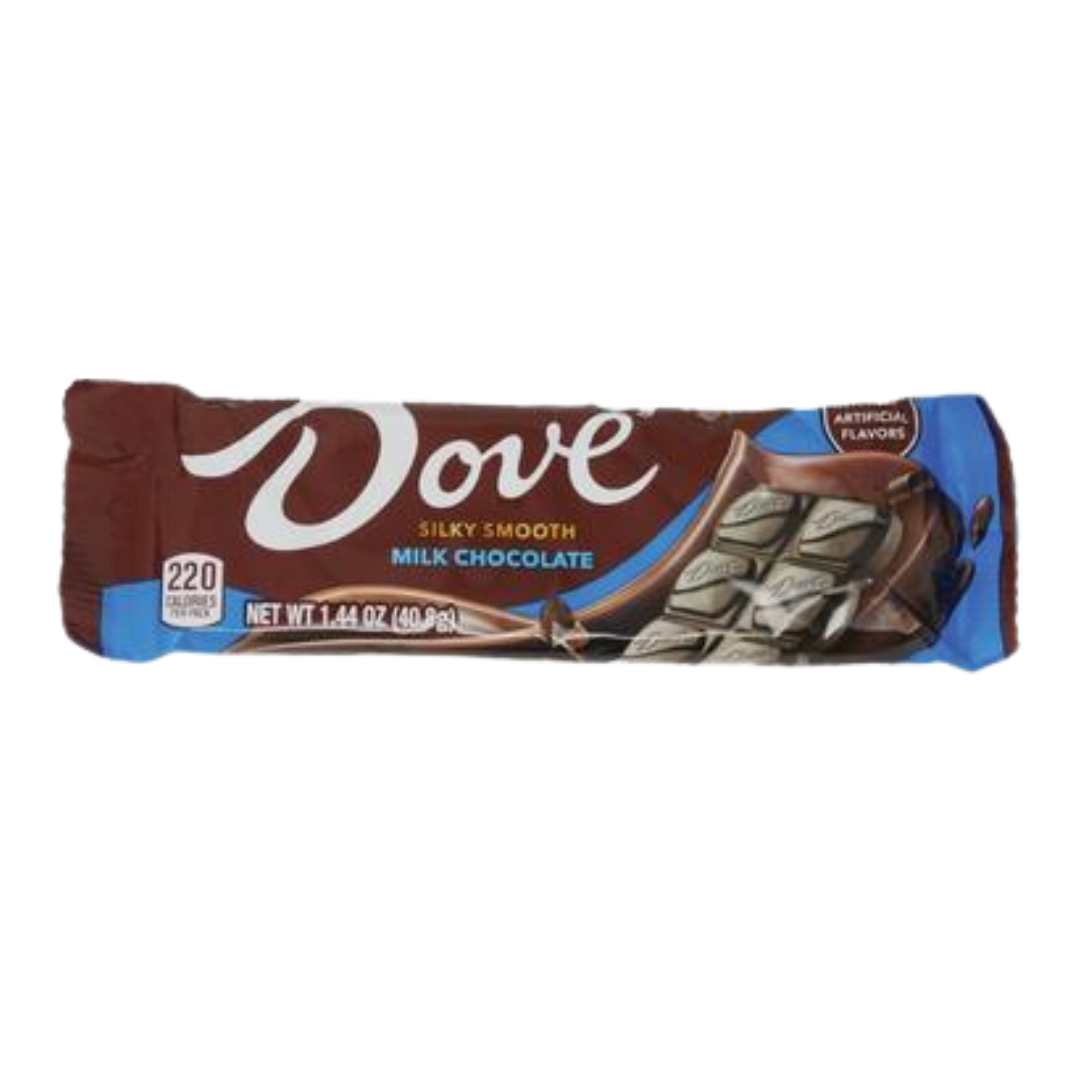 Milk chocolate Dove single bar by Farmacias Savia, 1.44 oz, showing the wrapped chocolate bar with Dove branding.