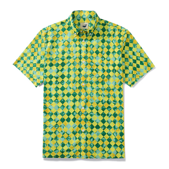 1970s Vintage Yellow-Green Rhombus Tropical Print 100% Cotton Men&