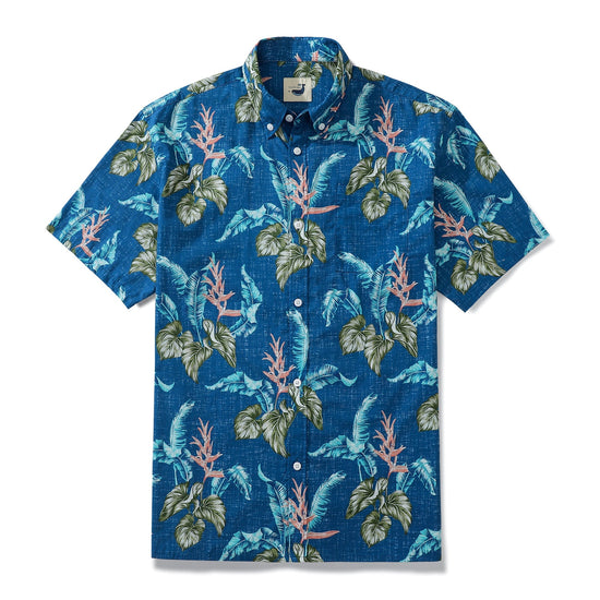 Dark Blue Banana Leaf Taro Leaf Hand Painted Floral 100% Cotton Men&