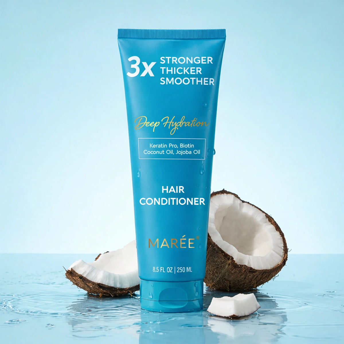 Maree Deep Hydrating Coconut Conditioner bottle with a tropical coconut and water design on the label.