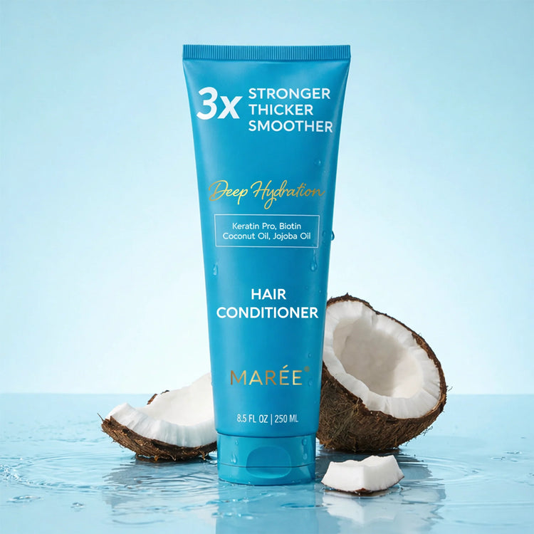 Maree Deep Hydrating Coconut Conditioner bottle with a tropical coconut and water design on the label.