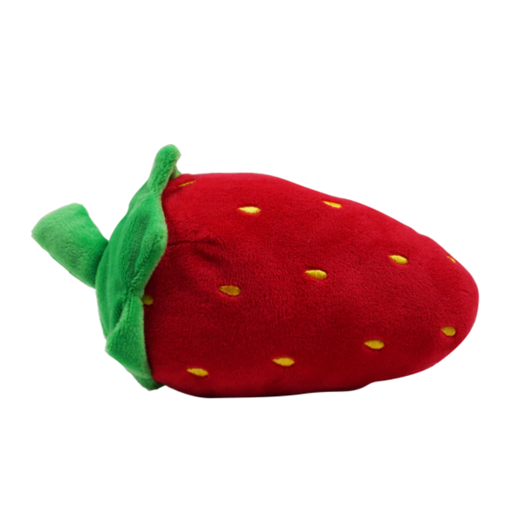 Soft plush strawberry dog toy from Happy Pet, designed for dogs to chew and play with, featuring bright red and green colors.