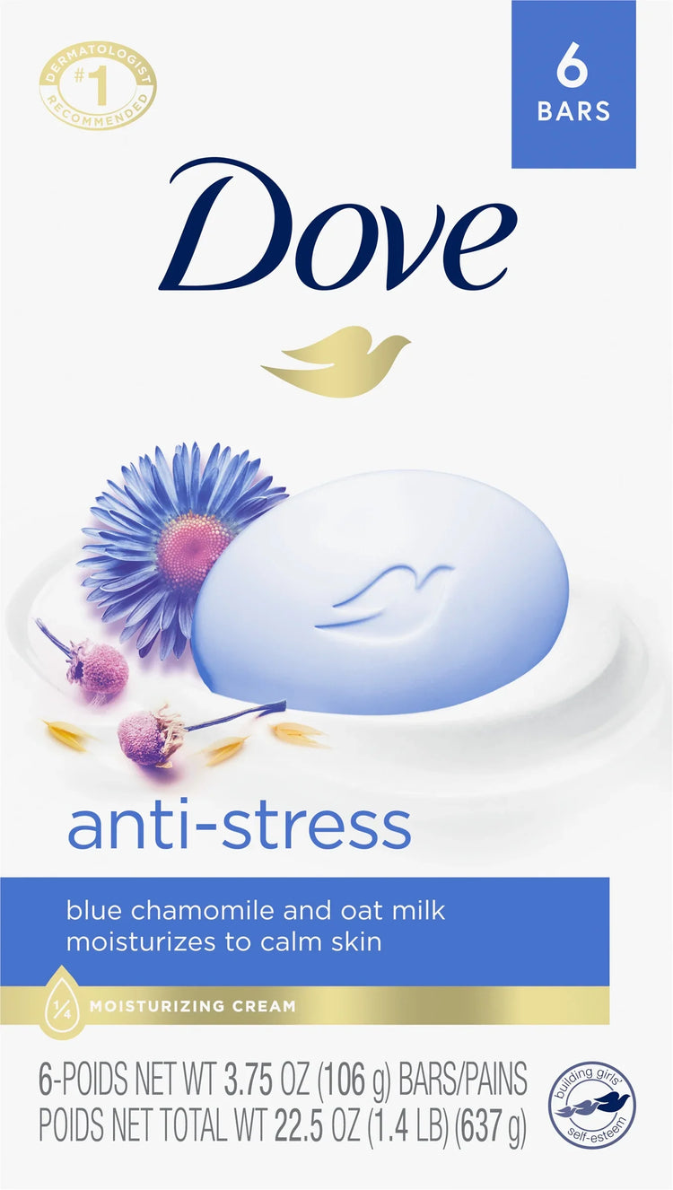 Dove Anti-Stress Beauty Bar with Blue Chamomile and Oat Milk, 6-pack of gentle cleansing soap bars for all skin types.