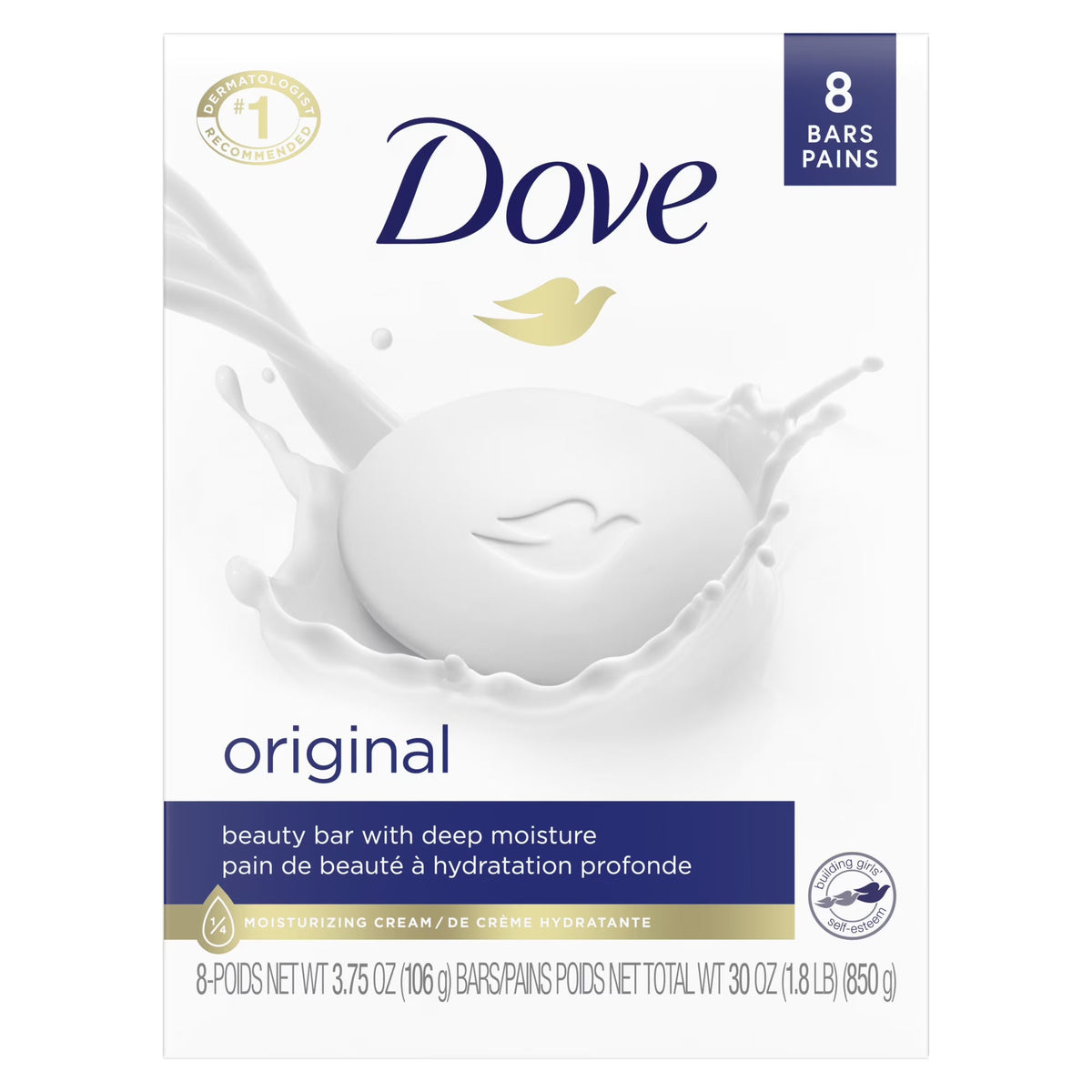 Dove Original Beauty Bar Deep Moisture soap, 8 white bars with unscented, creamy texture, designed for gentle skin hydration.