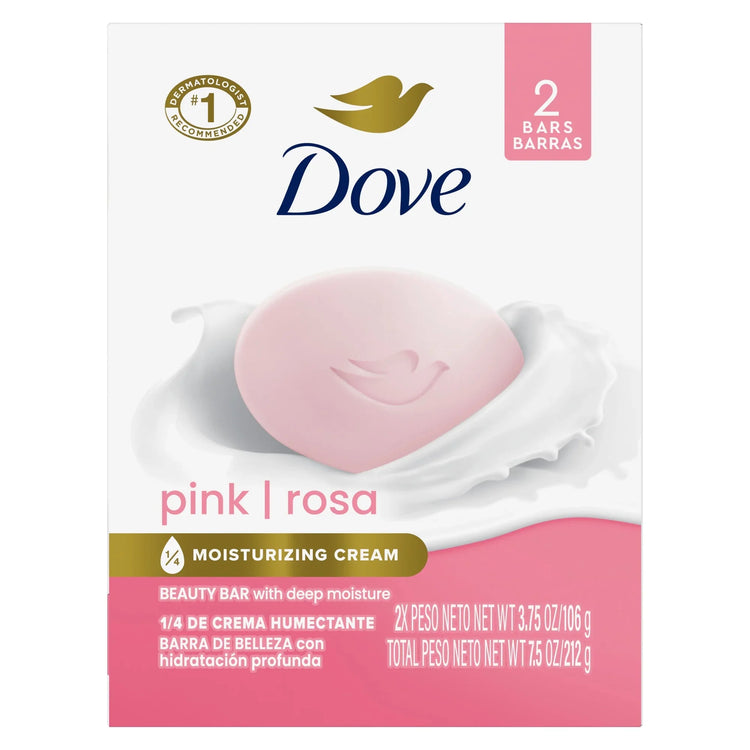 Dove pink beauty bar soap for soft, smooth skin, deep moisturizing, 3.75 oz, two bars, by Farmacias Savia.