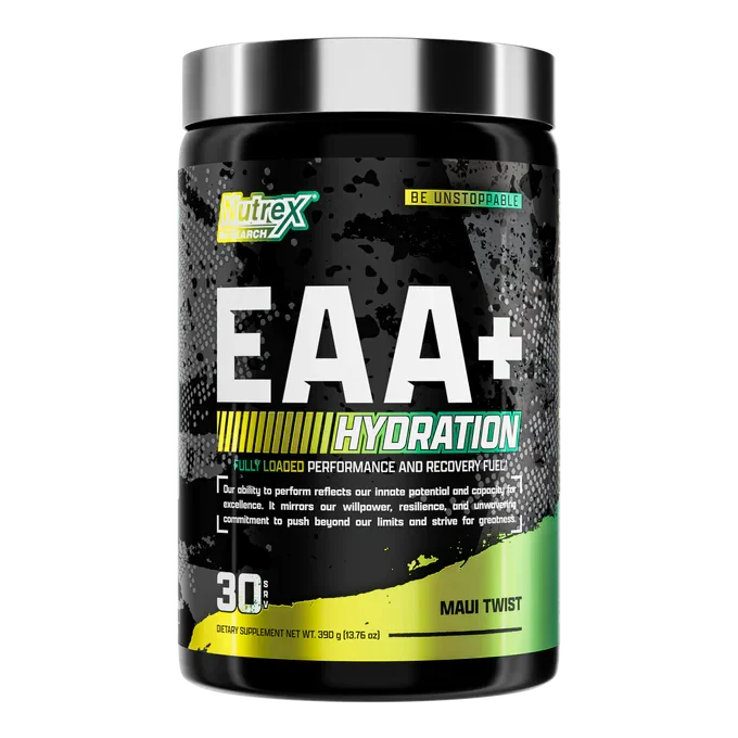 Nutrex EAA+ Hydration BCAA and amino acids supplement in a container, designed for hydration and muscle recovery.