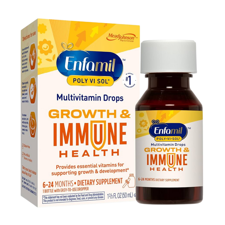 Enfamil Poly-Vi-Sol multivitamin drops for babies in a 50mL bottle, supports growth and immune health, displayed with packaging.