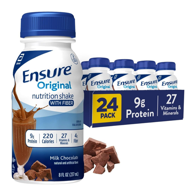 24-pack of Farmacias Savia Ensure Nutrition Shake in chocolate flavor, 8 oz bottles, perfect for balanced meal supplementation.