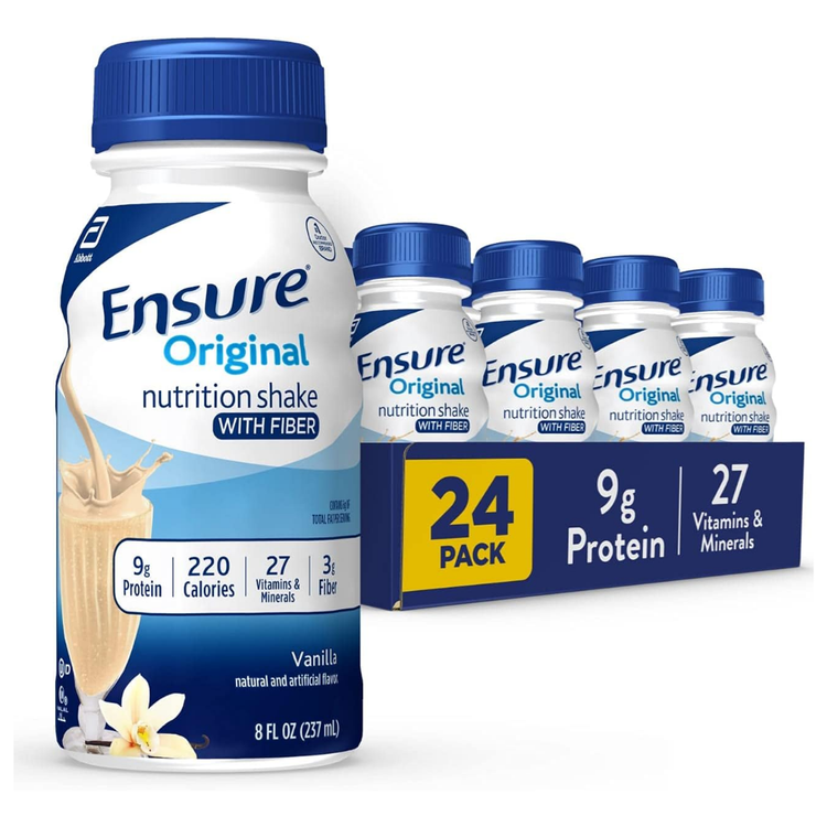 Farmacias Savia Ensure Nutrition Shake Vanilla flavor 8 oz bottles, 24-pack, with vanilla flavor bottles displayed in a tray.