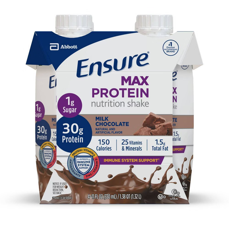 Chocolate Ensure Max Protein beverage in a 11 fl oz bottle, nutritional supplement drink from Farmacias Savia.