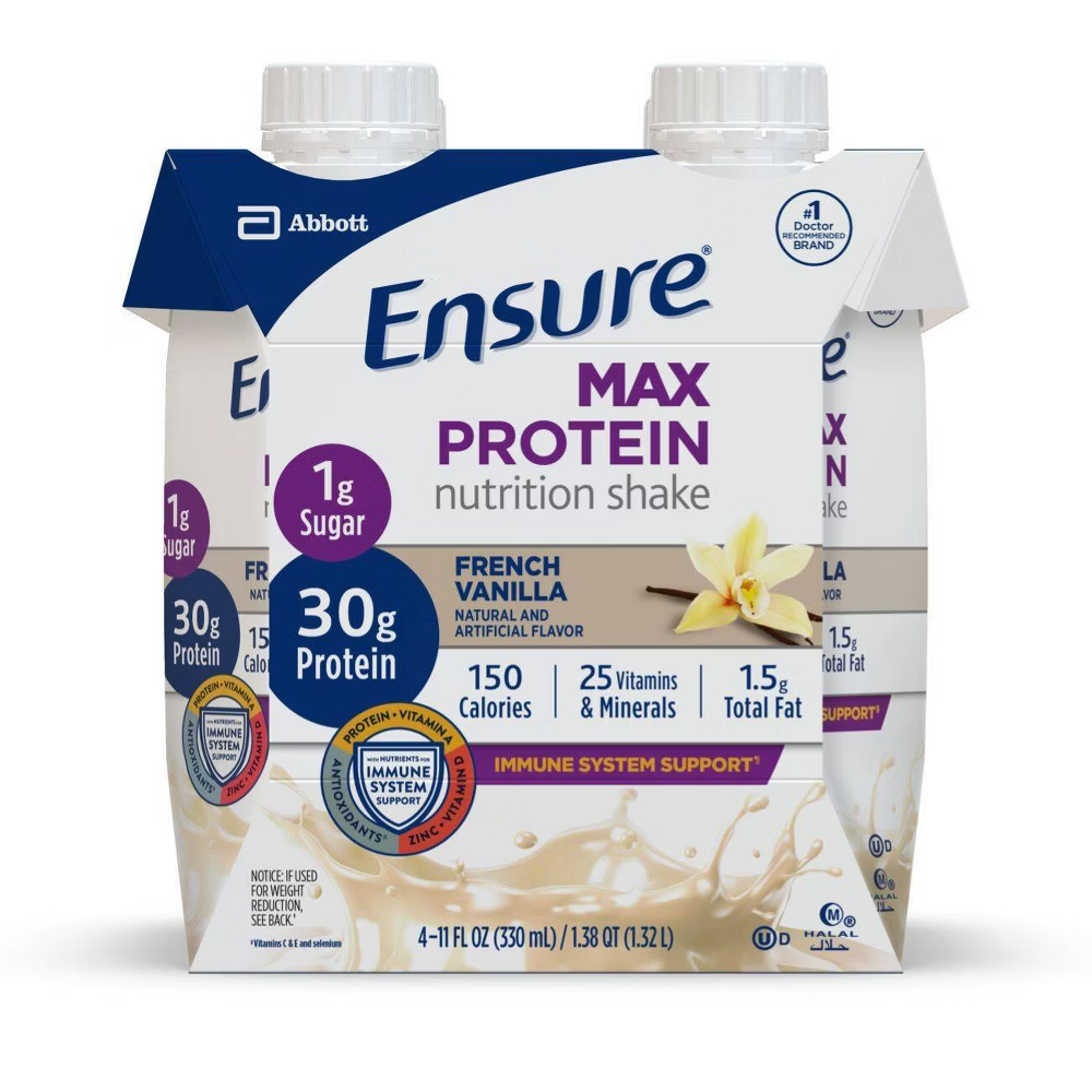 Vanilla Ensure Max Protein nutritional drink in a 11 fl oz bottle, featuring the label with blue and white branding.