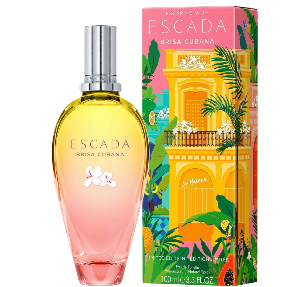 Escada Brisa Cubana Eau de Toilette women’s perfume in 3.3oz bottle, featuring a tropical-inspired fragrance and elegant packaging.