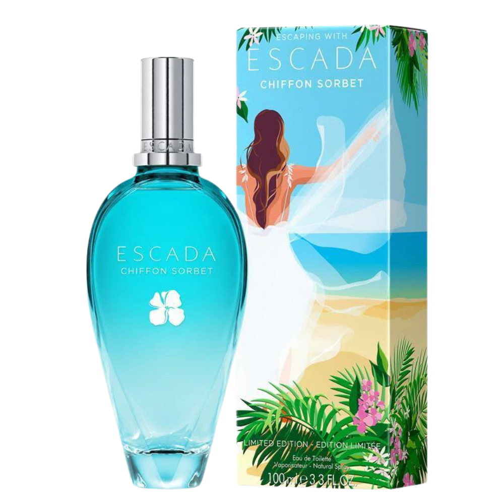 Escada Ladies Chiffon Sorbet EDT perfume spray, 3.3 oz, featuring a light, fresh fragrance in a sleek bottle.