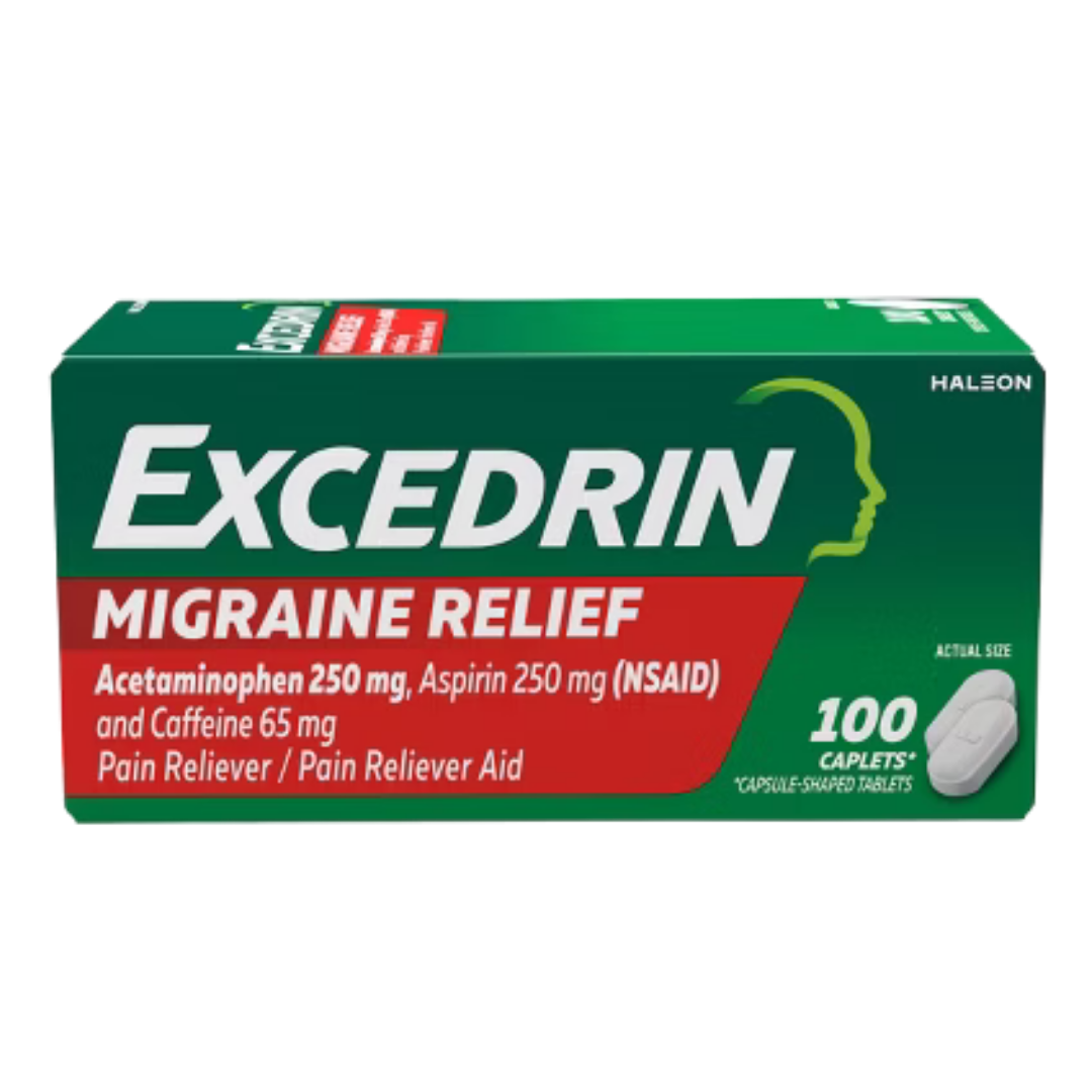 Box of Excedrin Migraine acetaminophen, aspirin, and caffeine tablets in a 24-count package by Farmacias Savia.