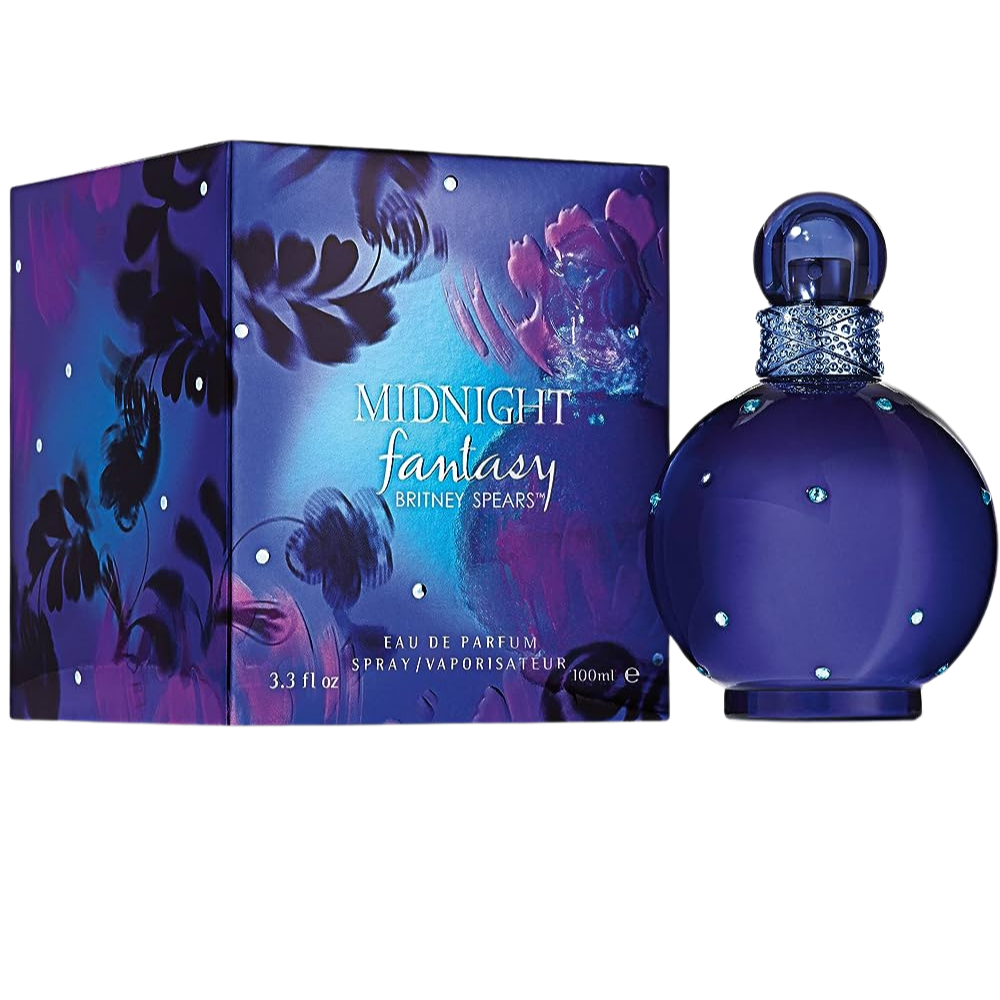 Britney Spears Midnight Fantasy Eau de Parfum 3.3oz bottle, featuring a dark purple design and floral fragrance details.