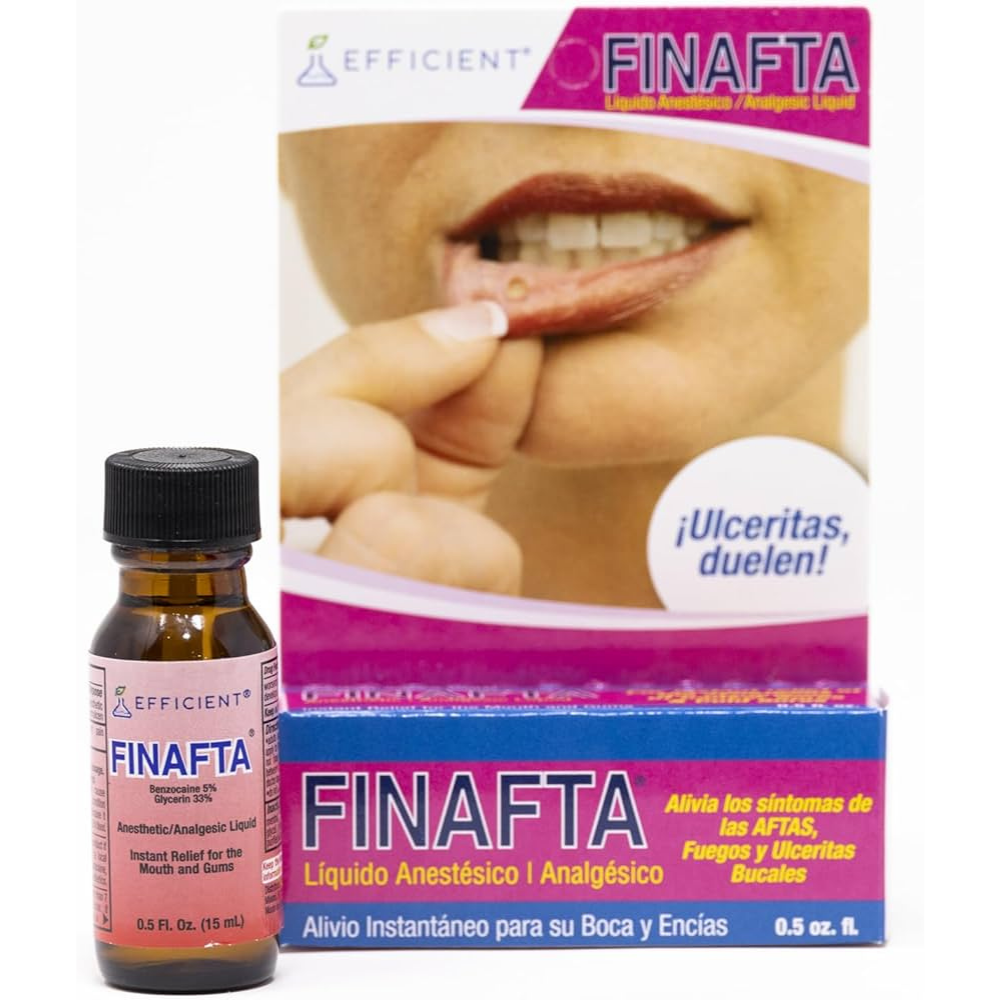 Finafta antiseptic liquid in 5 oz bottle, oral care product from Farmacias Savia, used for oral hygiene and soothing gums.