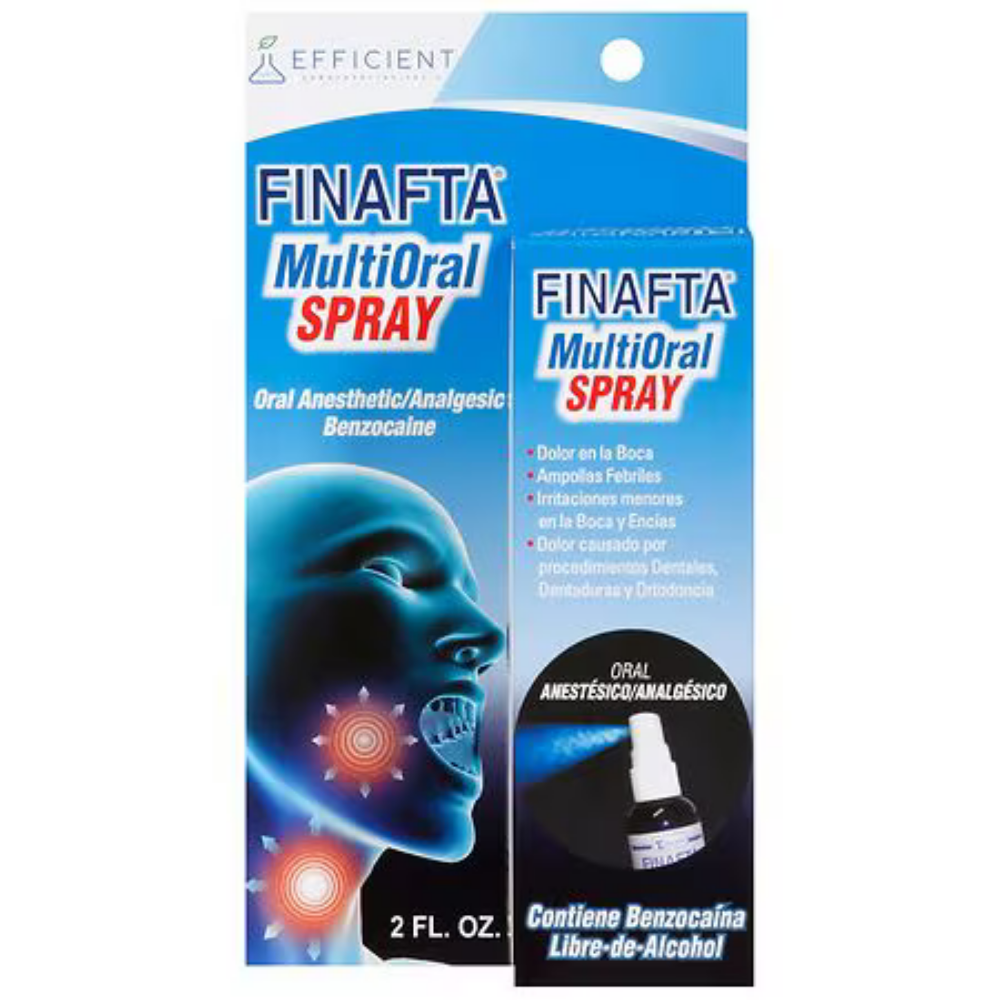Finafta multi-oral spray in a 2 oz bottle, oral care product by Farmacias Savia, with a pump spray nozzle visible.