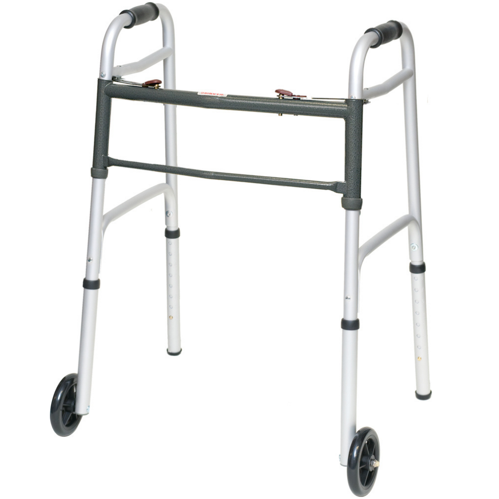 Lightweight aluminum folding walker from Farmacias Savia, with adjustable height and rubber-tipped legs for stability.