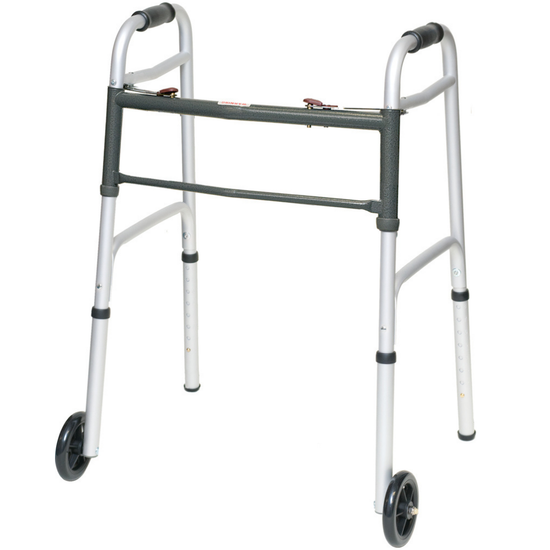 Lightweight aluminum folding walker from Farmacias Savia, with adjustable height and rubber-tipped legs for stability.