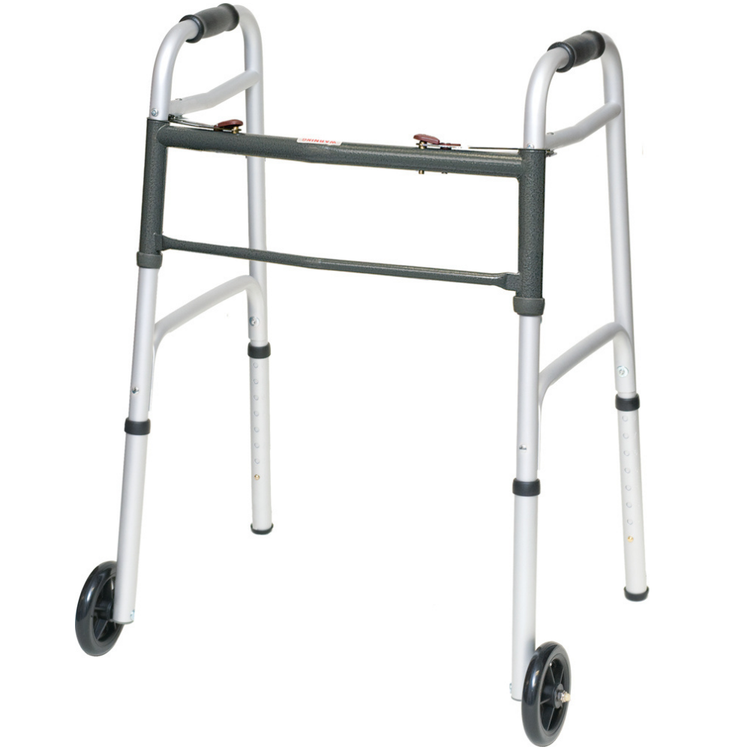 Lightweight aluminum folding walker from Farmacias Savia, with adjustable height and rubber-tipped legs for stability.