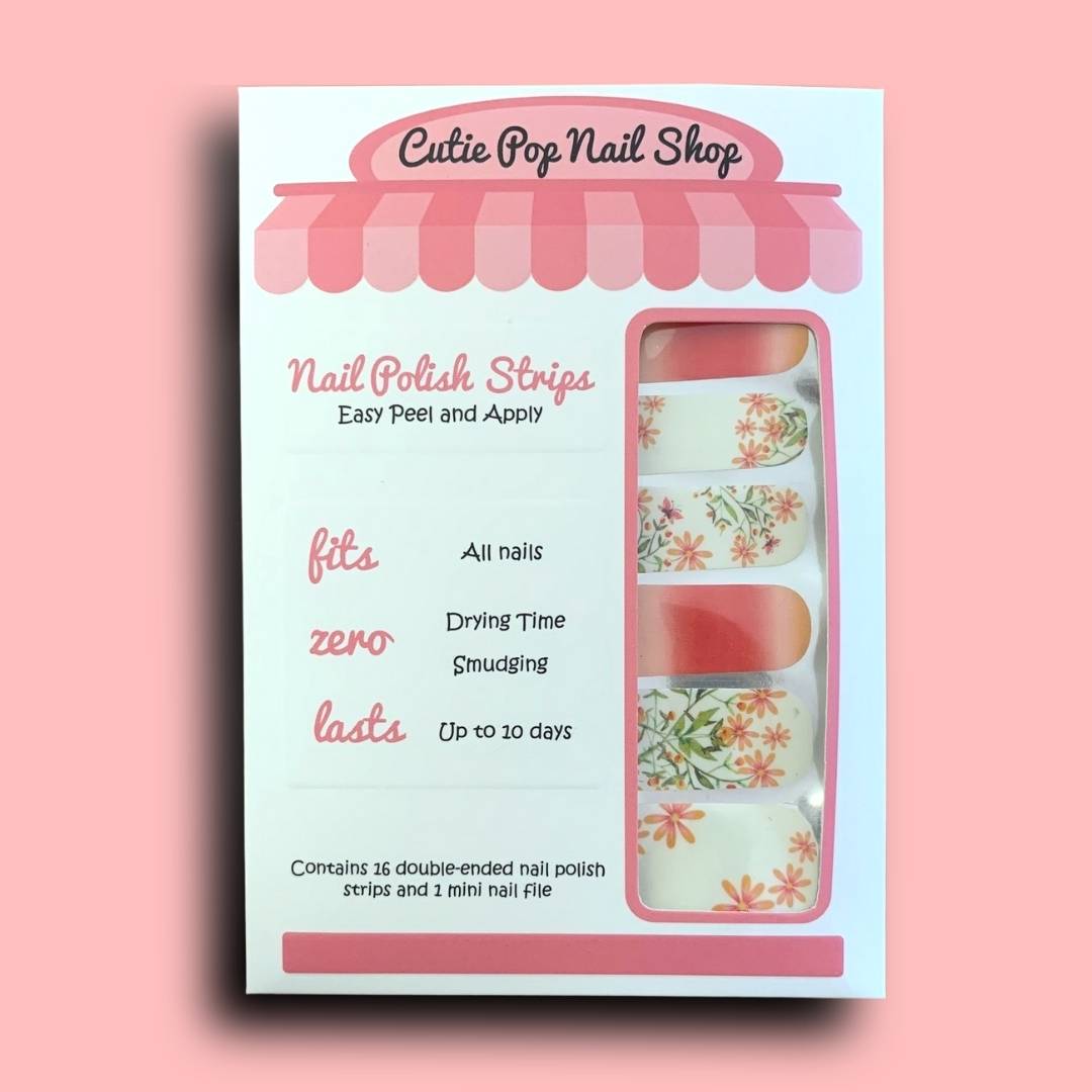 Cutie Pop Nail Shop Daisy Spring nail strips featuring fresh daisy flower designs on white background.