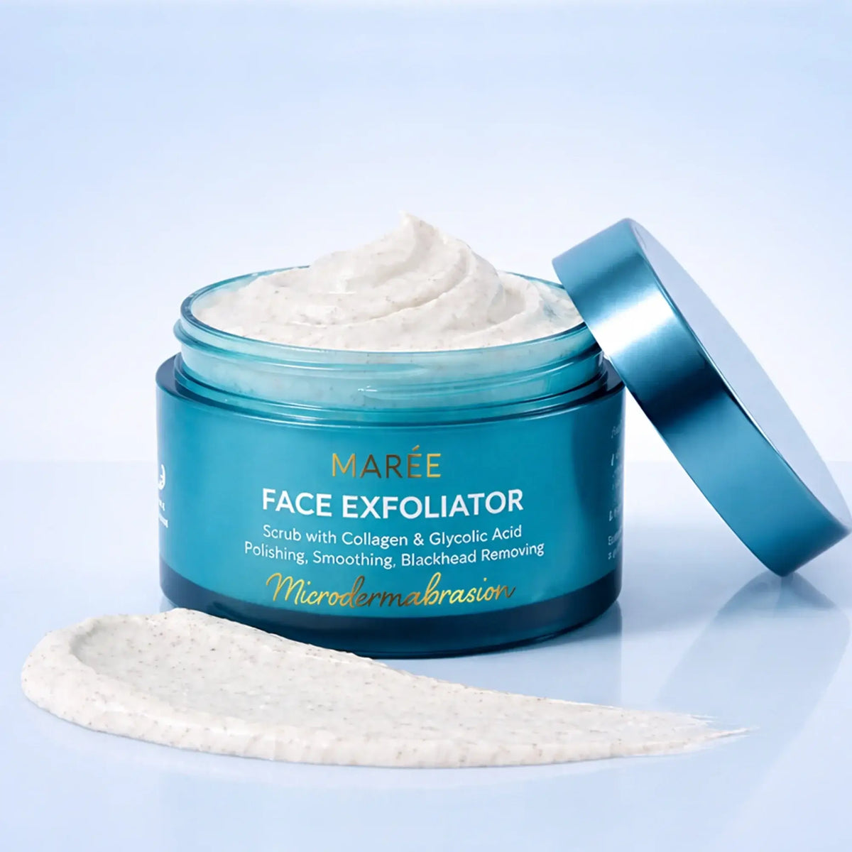 Maree face polishing scrub and exfoliator for smooth, youthful skin, showing the jar with textured scrub inside.