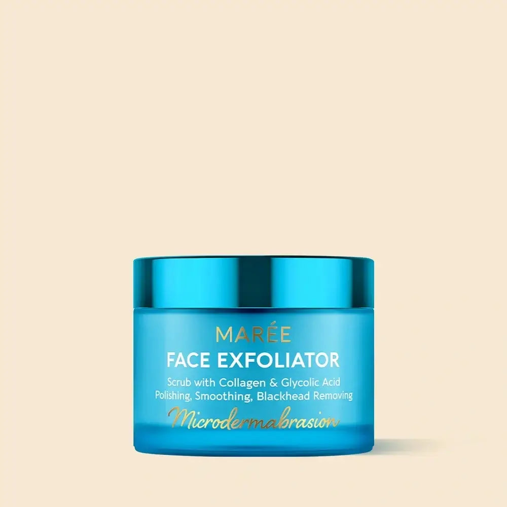 Maree face polishing scrub and exfoliator for youthful skin, showing a jar of the skincare product with textured exfoliating particles.
