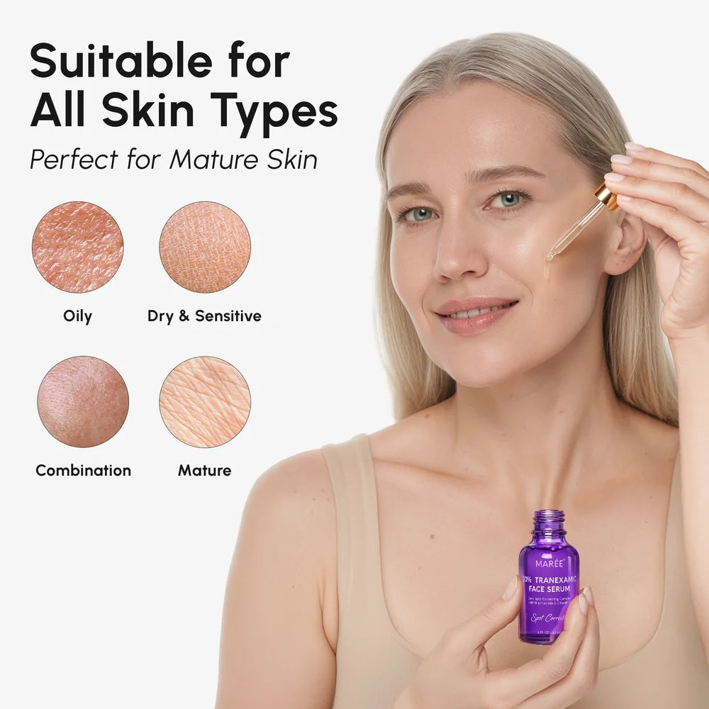 Maree Dark Spot Corrector face serum with TXA, featuring a sleek bottle and dropper applicator for targeted skin brightening.