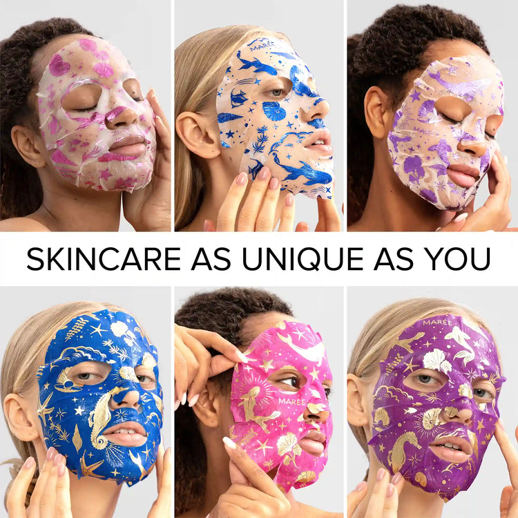 Maree hydrating collagen face mask applied on youthful skin for moisturizing and revitalizing skincare.