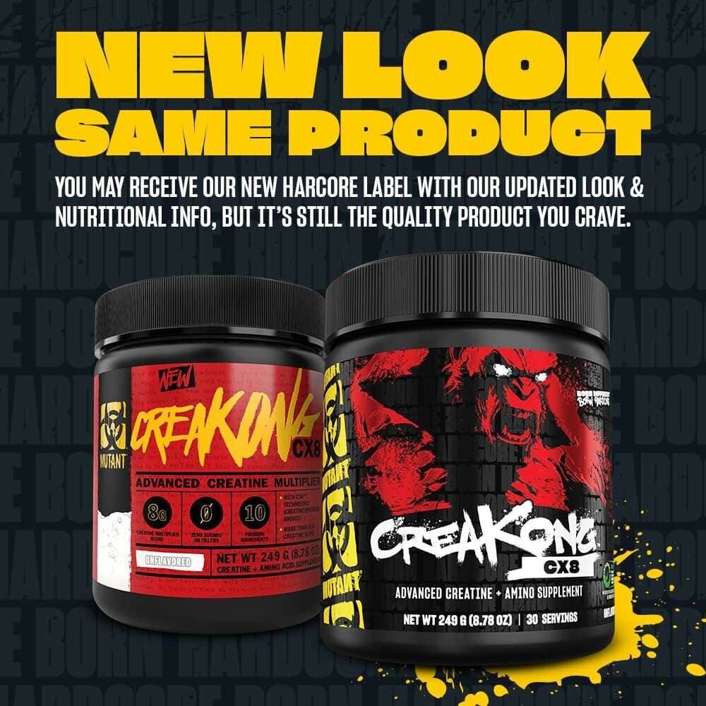Mutant Creakong creatine supplement in a container, designed for athletic performance, with a fit person in the background.