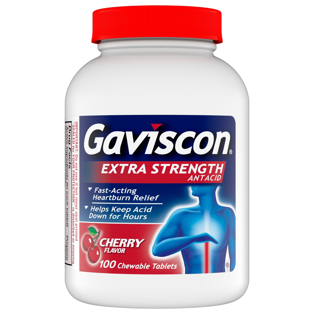 Gaviscon Extra Strength Cherry Chewable Tablets by Farmacias Savia, 100 count, showing the cherry-flavored chewable tablets.