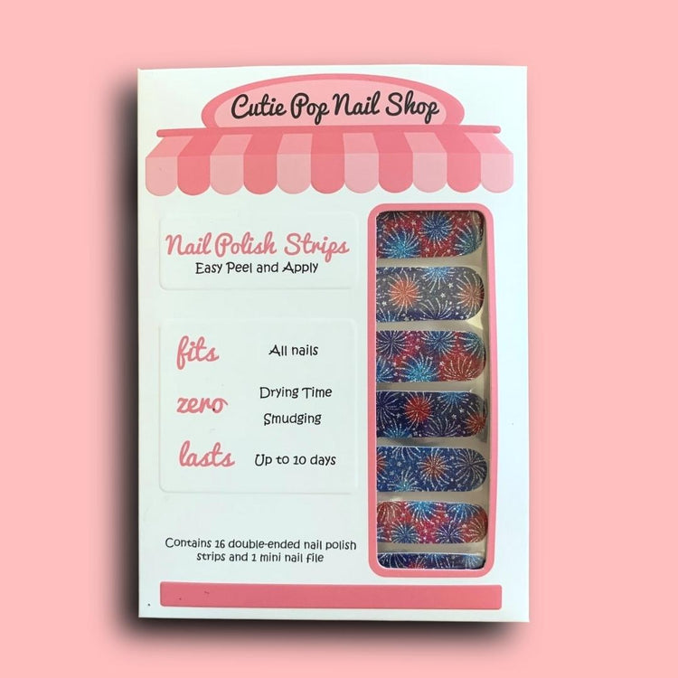 Colorful Cutie Pop Nail Shop fireworks nail strips with vibrant, festive designs for creative nail art.