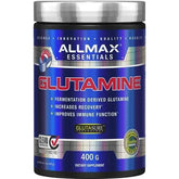 Allmax Glutamine supplement in a 400g container, designed for joint support and muscle recovery, with 80 servings.