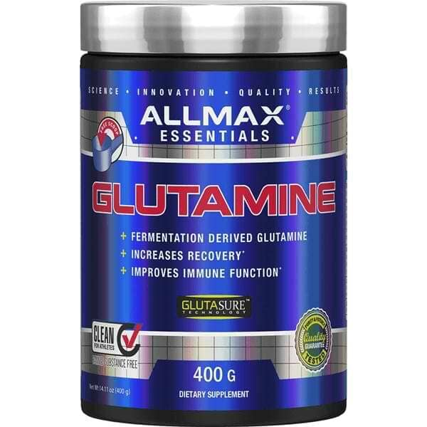 Allmax Glutamine supplement in a 400g container, designed for joint support and muscle recovery, with 80 servings.