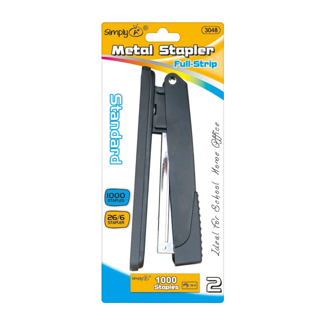 Standard school stapler with metal body and staples, ideal for classroom and office use.