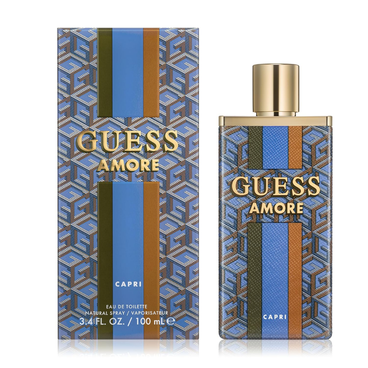 Guess Amore Capri unisex perfume bottle, 3.4oz, with elegant packaging, representing a fresh and floral scent for both men and women.